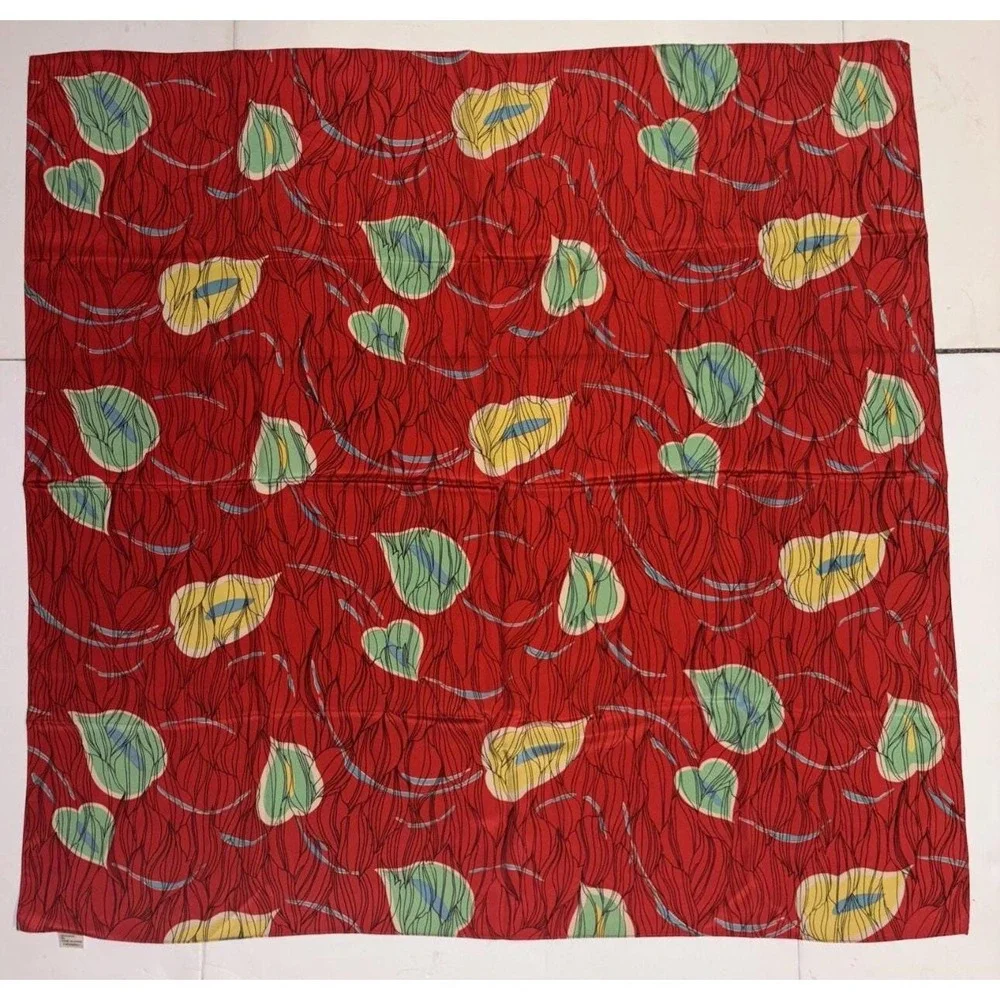 Vintage 100% Silk Scarf Made In Shanghai Red Green Yellow Leaves 35 X 34